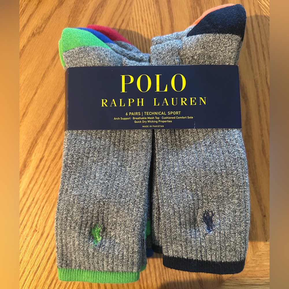 Polo Ralph Lauren Gray Athletic Sport Socks Ribbed Crew with Color Accents